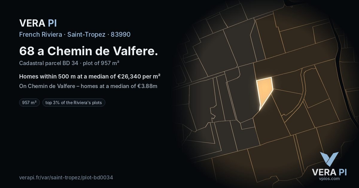 68 a Chemin de Valfere, Saint-Tropez at night – the plot lit, the parcels around coloured by the prices near them