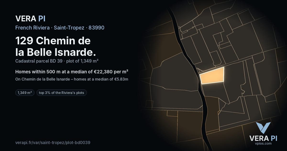 129 Chemin de la Belle Isnarde, Saint-Tropez at night – the plot lit, the parcels around coloured by the prices near them