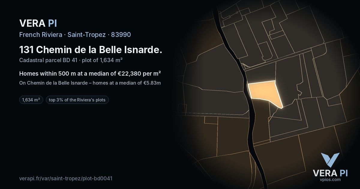 131 Chemin de la Belle Isnarde, Saint-Tropez at night – the plot lit, the parcels around coloured by the prices near them