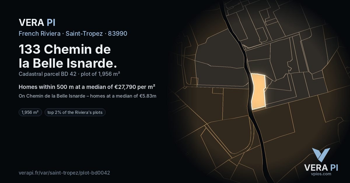 133 Chemin de la Belle Isnarde, Saint-Tropez at night – the plot lit, the parcels around coloured by the prices near them