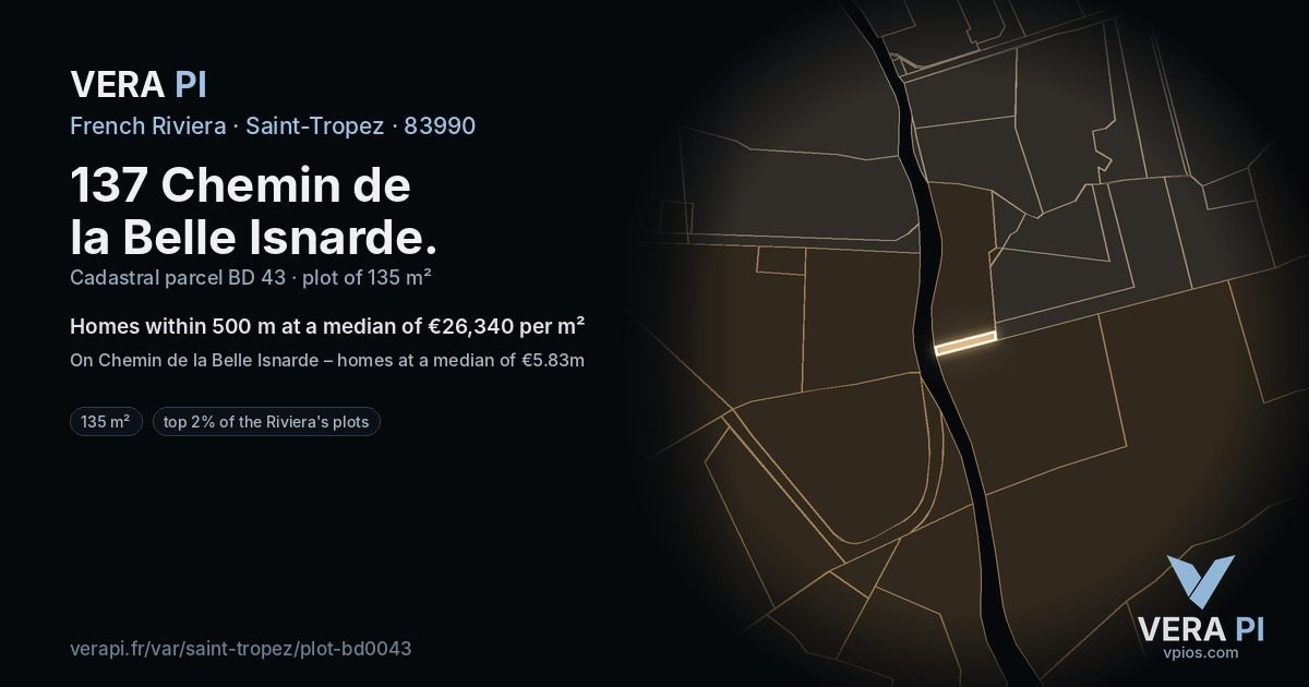 137 Chemin de la Belle Isnarde, Saint-Tropez at night – the plot lit, the parcels around coloured by the prices near them