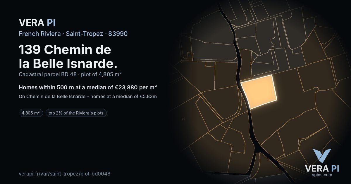139 Chemin de la Belle Isnarde, Saint-Tropez at night – the plot lit, the parcels around coloured by the prices near them
