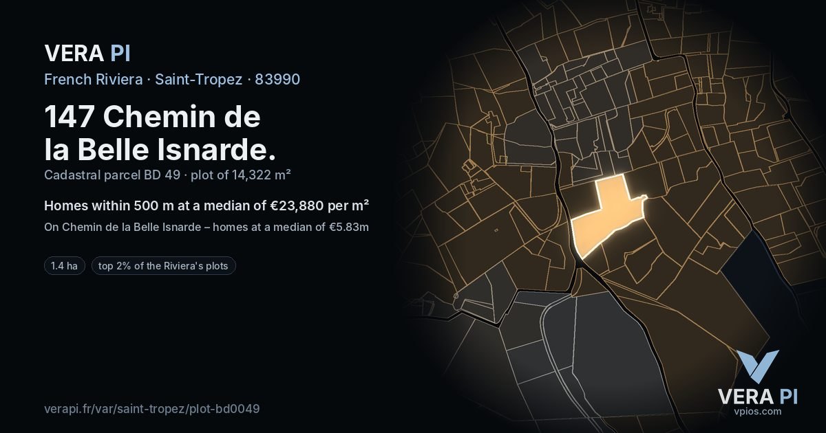 147 Chemin de la Belle Isnarde, Saint-Tropez at night – the plot lit, the parcels around coloured by the prices near them