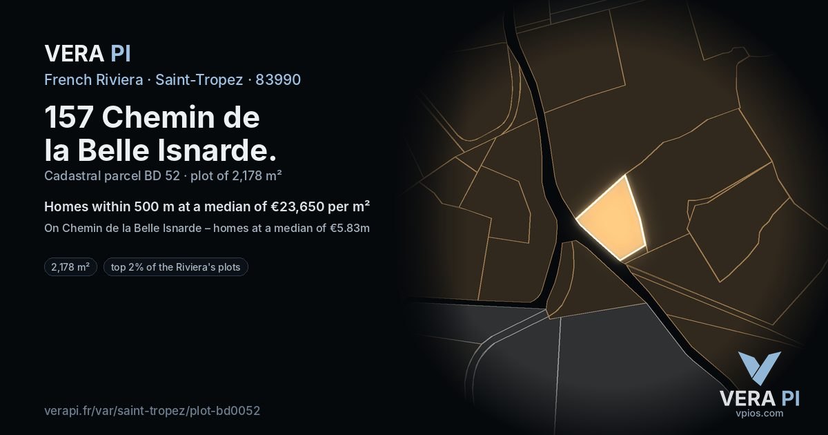 157 Chemin de la Belle Isnarde, Saint-Tropez at night – the plot lit, the parcels around coloured by the prices near them