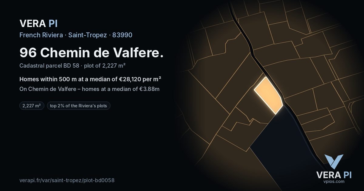 96 Chemin de Valfere, Saint-Tropez at night – the plot lit, the parcels around coloured by the prices near them