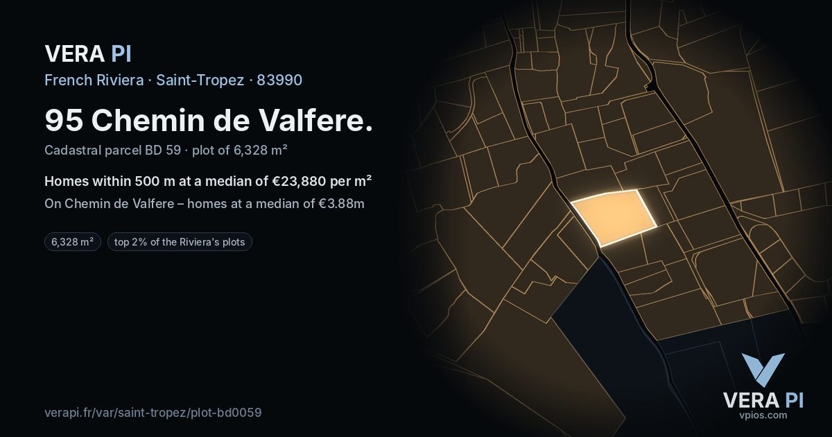 95 Chemin de Valfere, Saint-Tropez at night – the plot lit, the parcels around coloured by the prices near them