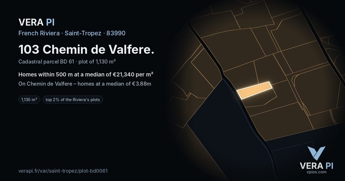 103 Chemin de Valfere, Saint-Tropez at night – the plot lit, the parcels around coloured by the prices near them