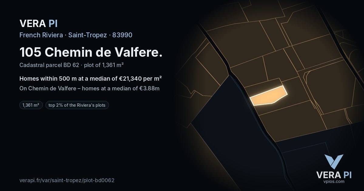 105 Chemin de Valfere, Saint-Tropez at night – the plot lit, the parcels around coloured by the prices near them