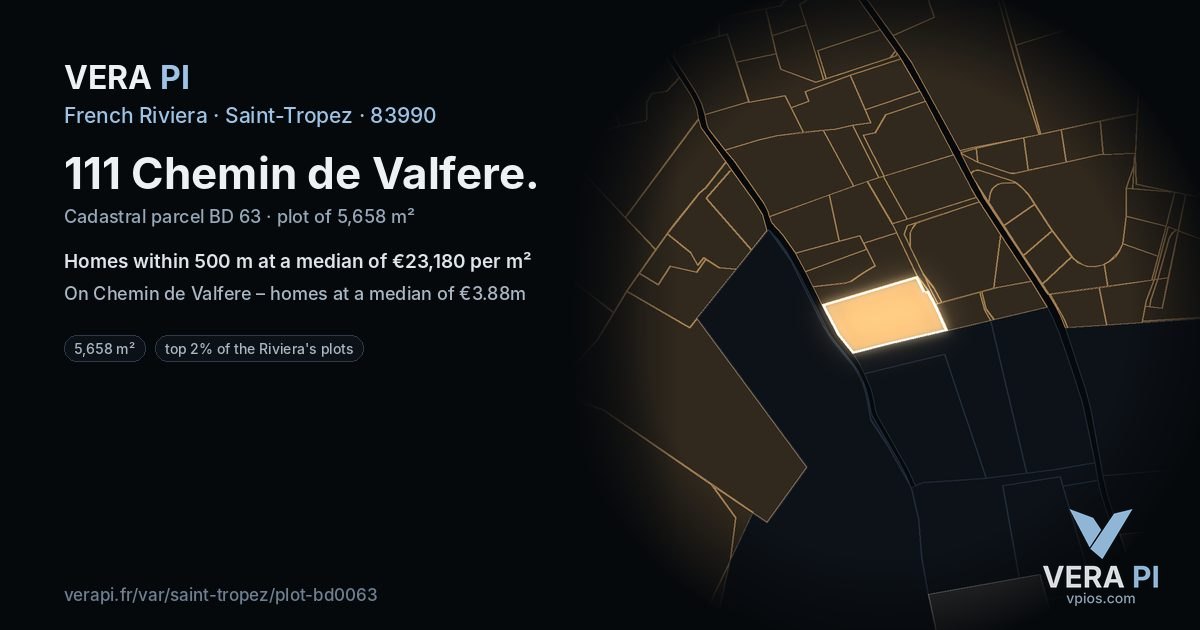 111 Chemin de Valfere, Saint-Tropez at night – the plot lit, the parcels around coloured by the prices near them