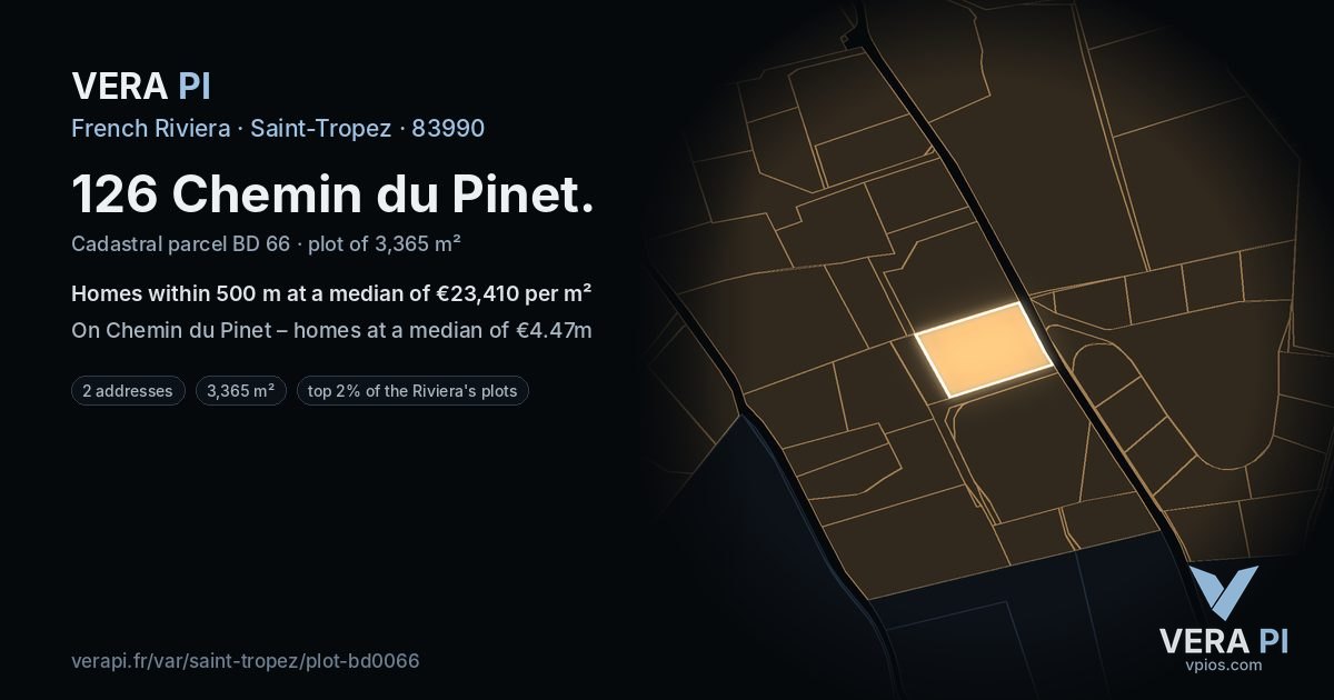 126 Chemin du Pinet, Saint-Tropez at night – the plot lit, the parcels around coloured by the prices near them