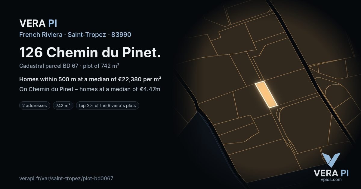 126 Chemin du Pinet, Saint-Tropez at night – the plot lit, the parcels around coloured by the prices near them