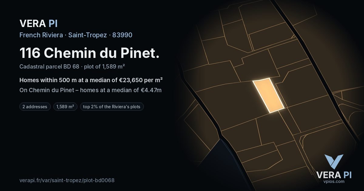116 Chemin du Pinet, Saint-Tropez at night – the plot lit, the parcels around coloured by the prices near them
