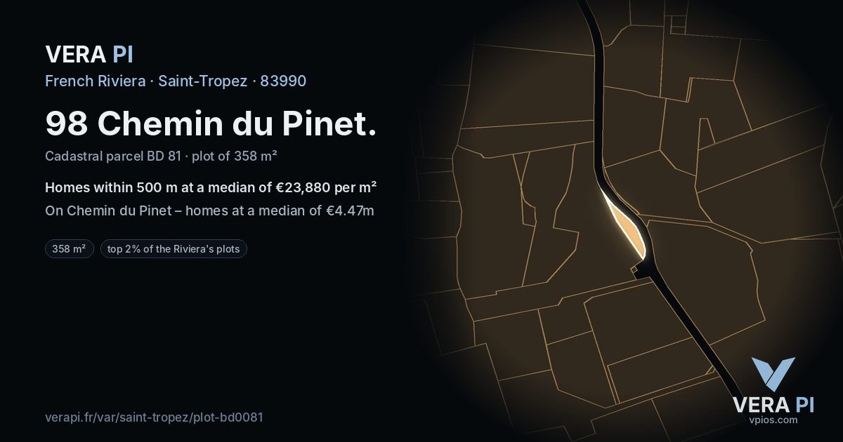 98 Chemin du Pinet, Saint-Tropez at night – the plot lit, the parcels around coloured by the prices near them