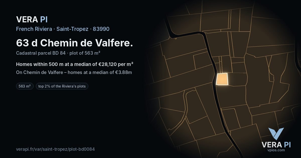 63 d Chemin de Valfere, Saint-Tropez at night – the plot lit, the parcels around coloured by the prices near them