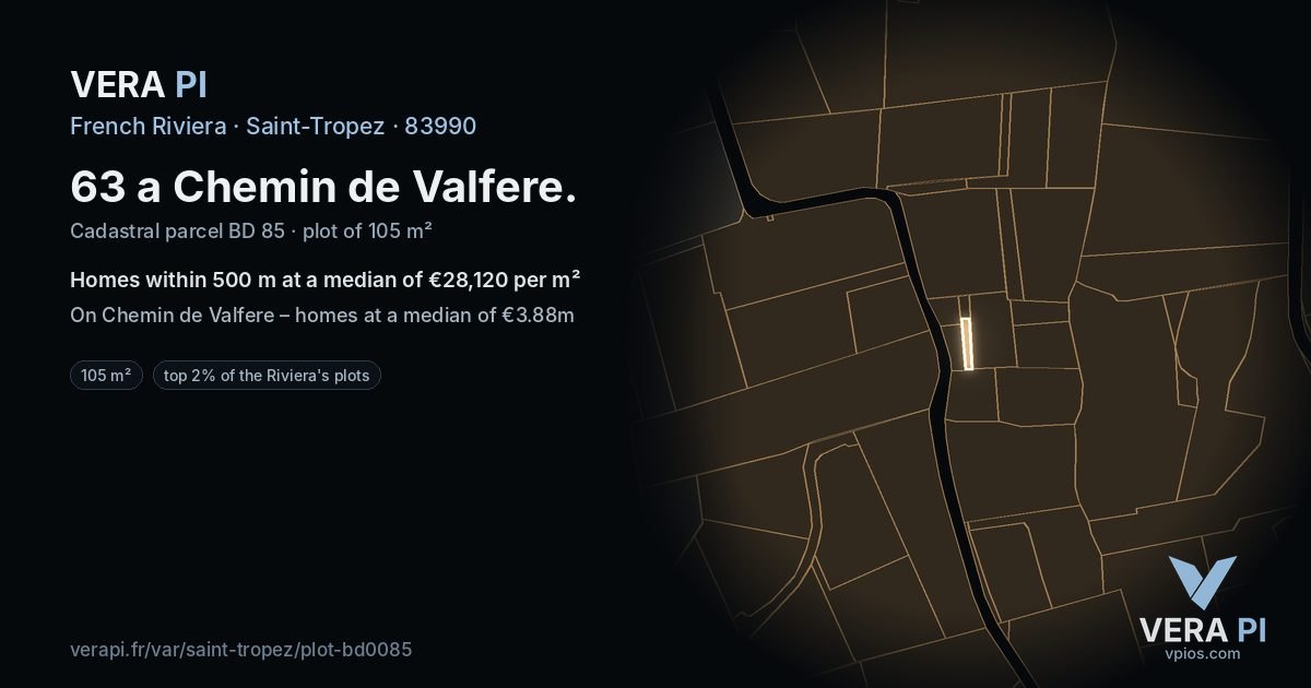 63 a Chemin de Valfere, Saint-Tropez at night – the plot lit, the parcels around coloured by the prices near them