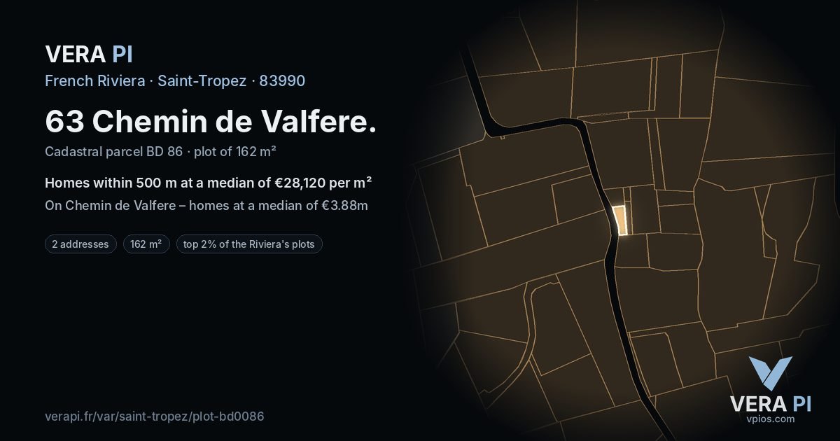 63 Chemin de Valfere, Saint-Tropez at night – the plot lit, the parcels around coloured by the prices near them