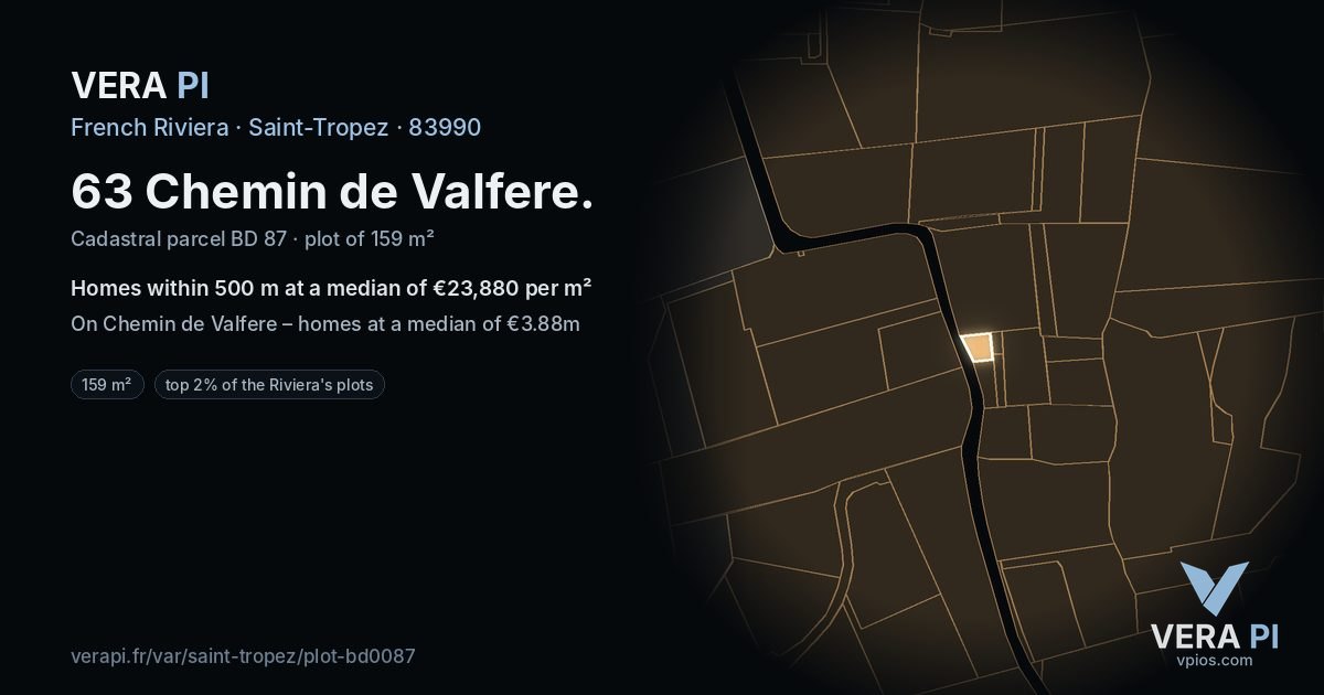 63 Chemin de Valfere, Saint-Tropez at night – the plot lit, the parcels around coloured by the prices near them