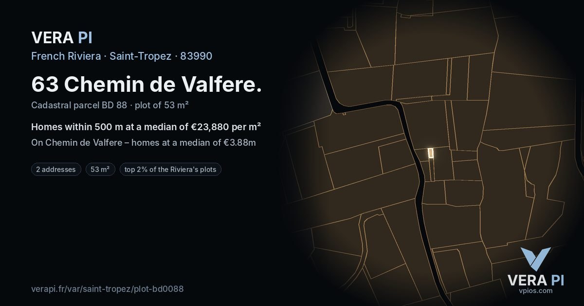 63 Chemin de Valfere, Saint-Tropez at night – the plot lit, the parcels around coloured by the prices near them