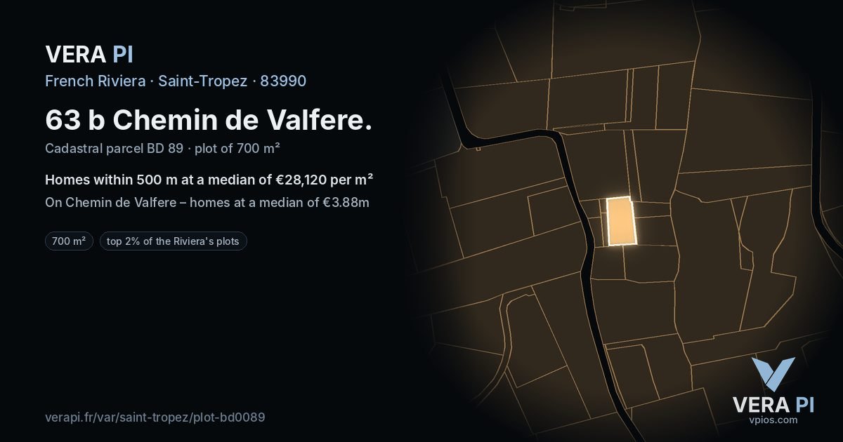 63 b Chemin de Valfere, Saint-Tropez at night – the plot lit, the parcels around coloured by the prices near them
