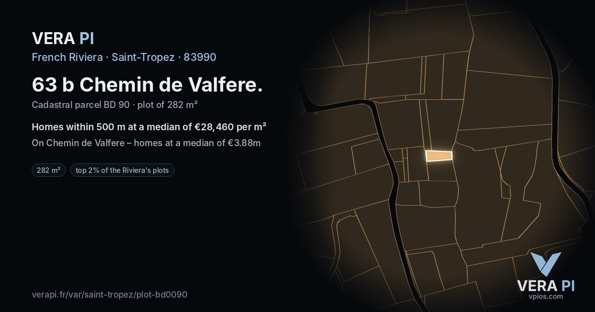 63 b Chemin de Valfere, Saint-Tropez at night – the plot lit, the parcels around coloured by the prices near them