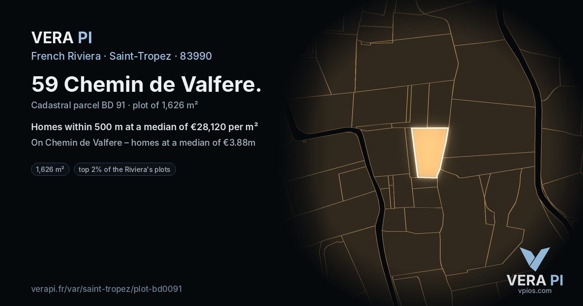 59 Chemin de Valfere, Saint-Tropez at night – the plot lit, the parcels around coloured by the prices near them