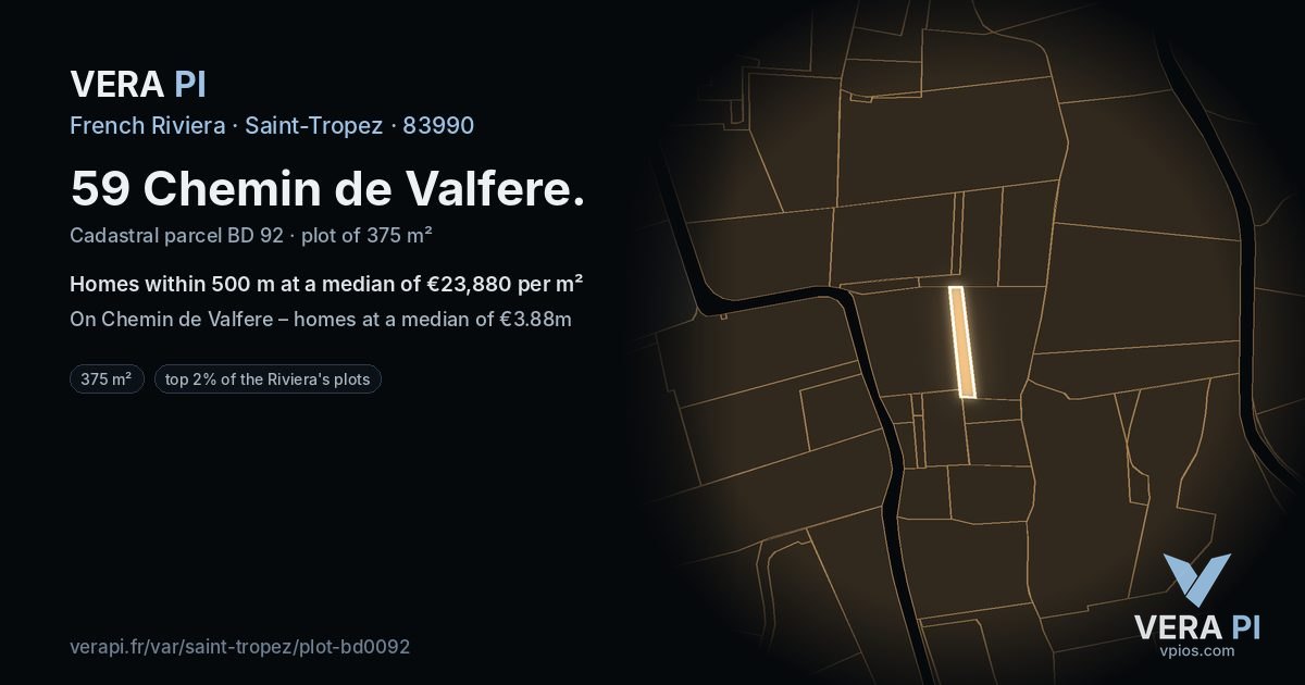 59 Chemin de Valfere, Saint-Tropez at night – the plot lit, the parcels around coloured by the prices near them