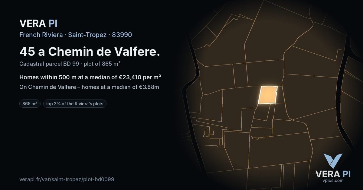 45 a Chemin de Valfere, Saint-Tropez at night – the plot lit, the parcels around coloured by the prices near them