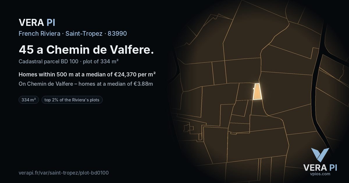45 a Chemin de Valfere, Saint-Tropez at night – the plot lit, the parcels around coloured by the prices near them
