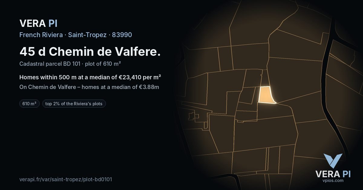 45 d Chemin de Valfere, Saint-Tropez at night – the plot lit, the parcels around coloured by the prices near them
