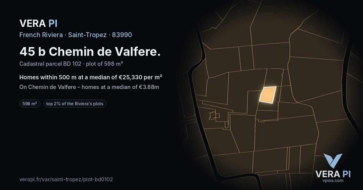 45 b Chemin de Valfere, Saint-Tropez at night – the plot lit, the parcels around coloured by the prices near them