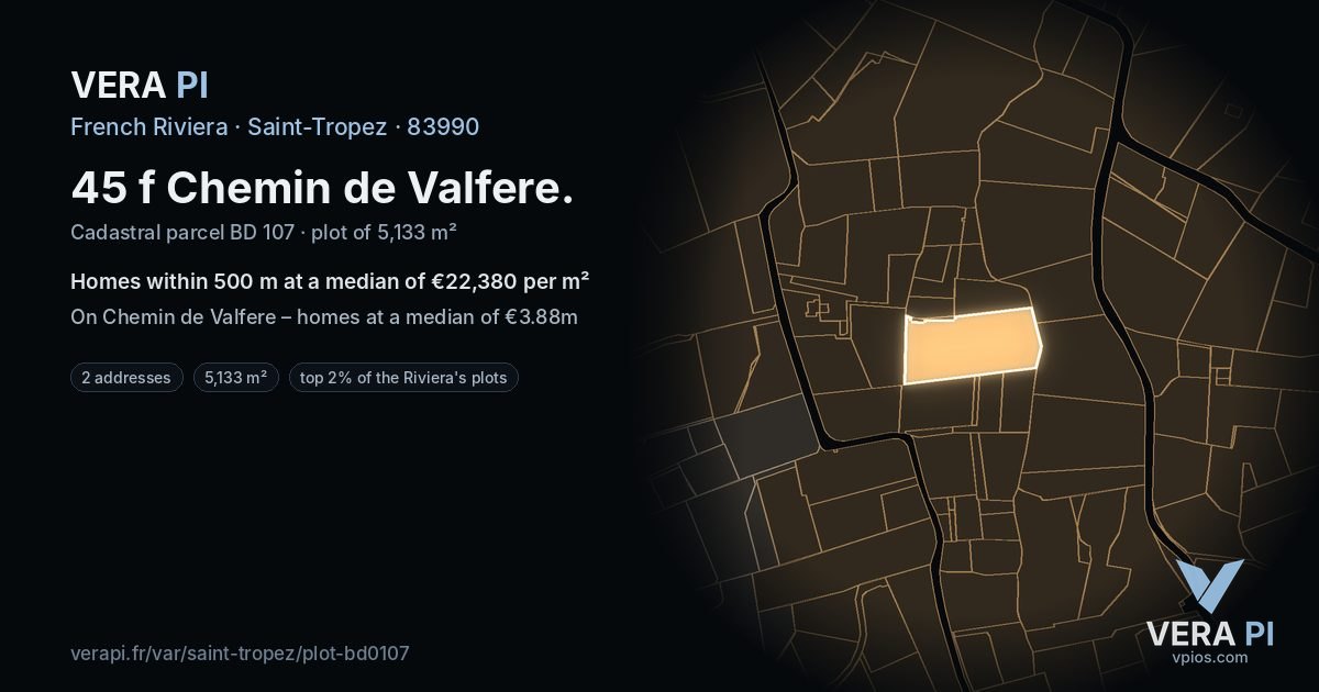 45 f Chemin de Valfere, Saint-Tropez at night – the plot lit, the parcels around coloured by the prices near them
