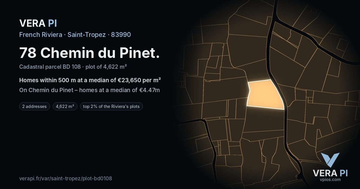 78 Chemin du Pinet, Saint-Tropez at night – the plot lit, the parcels around coloured by the prices near them