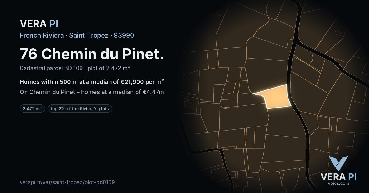 76 Chemin du Pinet, Saint-Tropez at night – the plot lit, the parcels around coloured by the prices near them