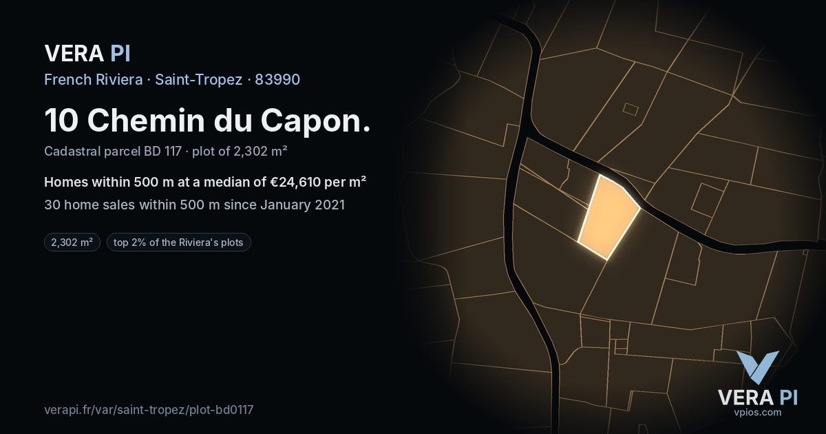 10 Chemin du Capon, Saint-Tropez at night – the plot lit, the parcels around coloured by the prices near them