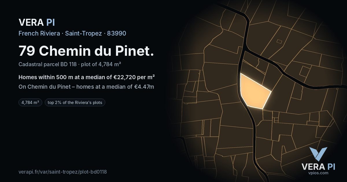 79 Chemin du Pinet, Saint-Tropez at night – the plot lit, the parcels around coloured by the prices near them