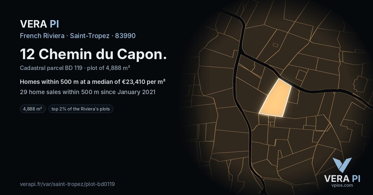 12 Chemin du Capon, Saint-Tropez at night – the plot lit, the parcels around coloured by the prices near them