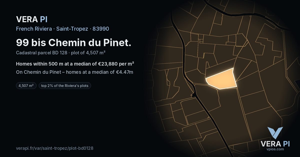 99 bis Chemin du Pinet, Saint-Tropez at night – the plot lit, the parcels around coloured by the prices near them