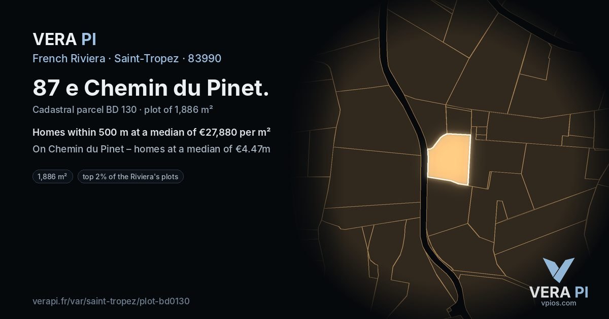 87 e Chemin du Pinet, Saint-Tropez at night – the plot lit, the parcels around coloured by the prices near them