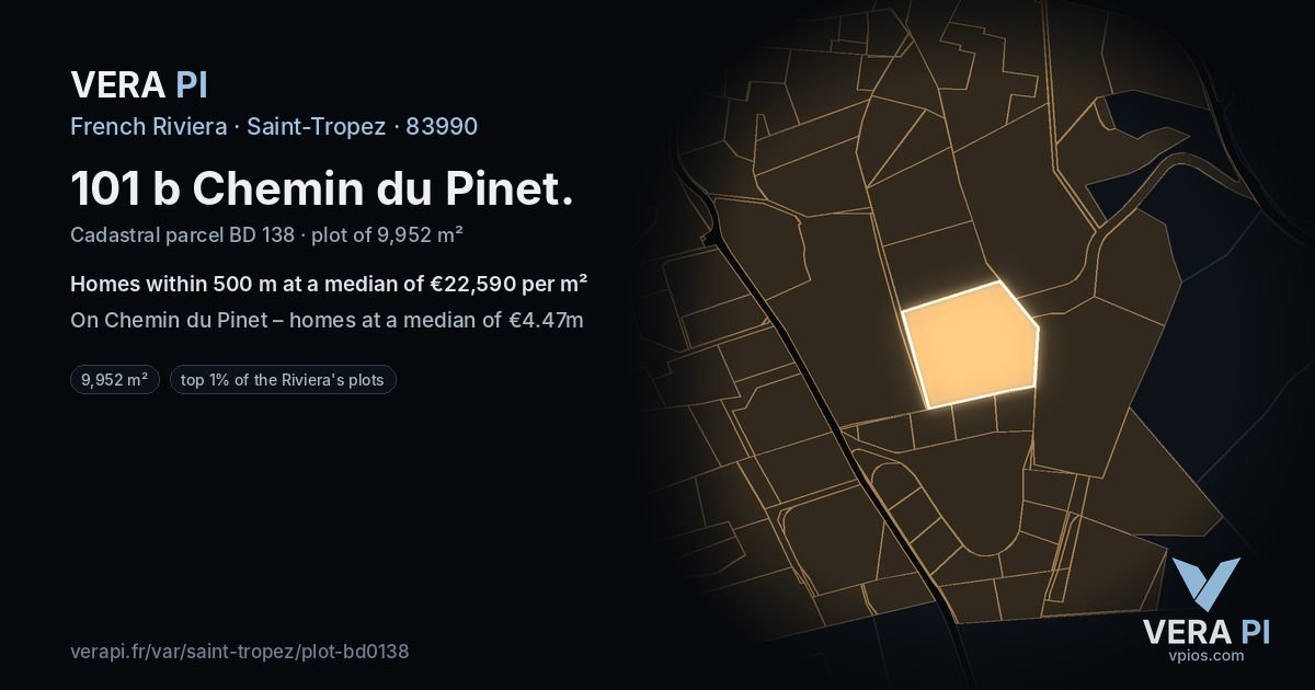 101 b Chemin du Pinet, Saint-Tropez at night – the plot lit, the parcels around coloured by the prices near them