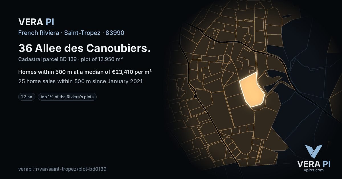 36 Allee des Canoubiers, Saint-Tropez at night – the plot lit, the parcels around coloured by the prices near them