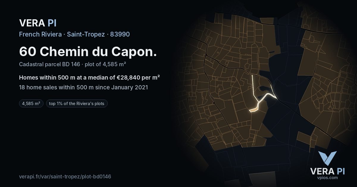 60 Chemin du Capon, Saint-Tropez at night – the plot lit, the parcels around coloured by the prices near them
