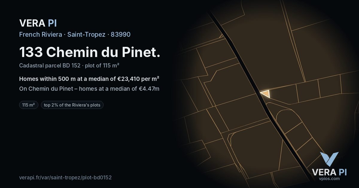 133 Chemin du Pinet, Saint-Tropez at night – the plot lit, the parcels around coloured by the prices near them