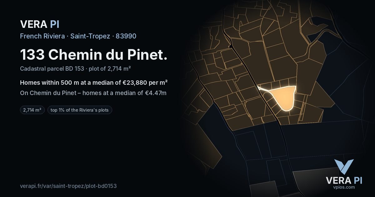 133 Chemin du Pinet, Saint-Tropez at night – the plot lit, the parcels around coloured by the prices near them