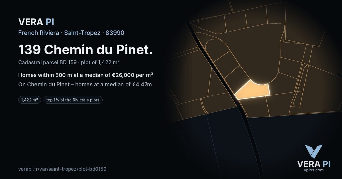 139 Chemin du Pinet, Saint-Tropez at night – the plot lit, the parcels around coloured by the prices near them