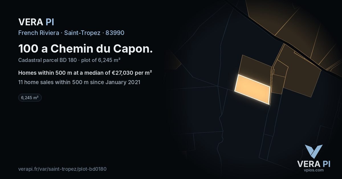 100 a Chemin du Capon, Saint-Tropez at night – the plot lit, the parcels around coloured by the prices near them