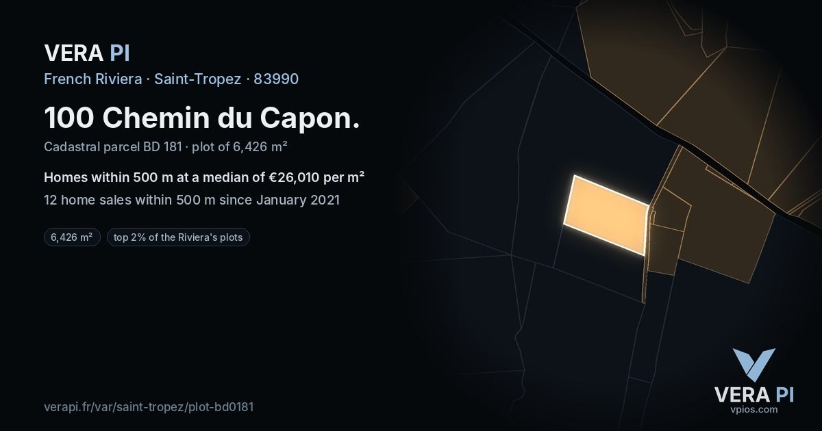 100 Chemin du Capon, Saint-Tropez at night – the plot lit, the parcels around coloured by the prices near them