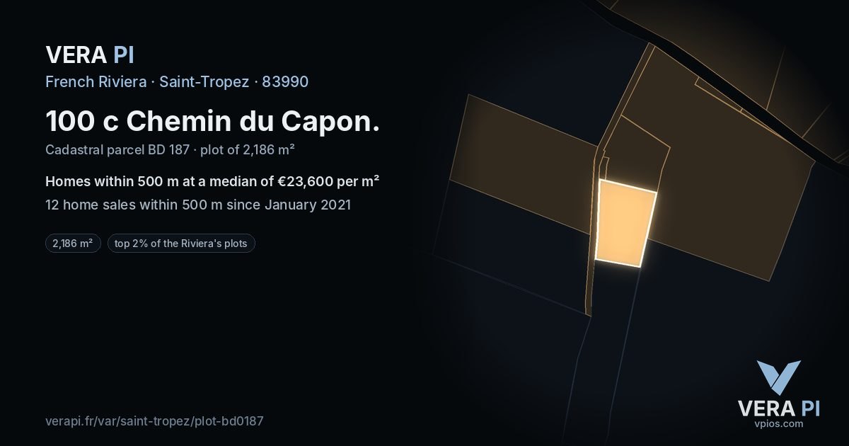100 c Chemin du Capon, Saint-Tropez at night – the plot lit, the parcels around coloured by the prices near them