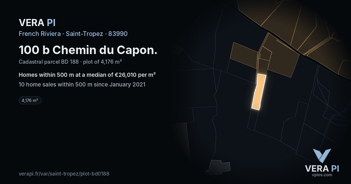 100 b Chemin du Capon, Saint-Tropez at night – the plot lit, the parcels around coloured by the prices near them