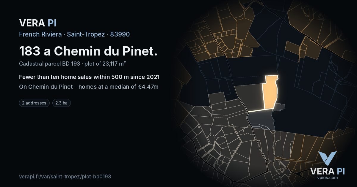 183 a Chemin du Pinet, Saint-Tropez at night – the plot lit, the parcels around coloured by the prices near them
