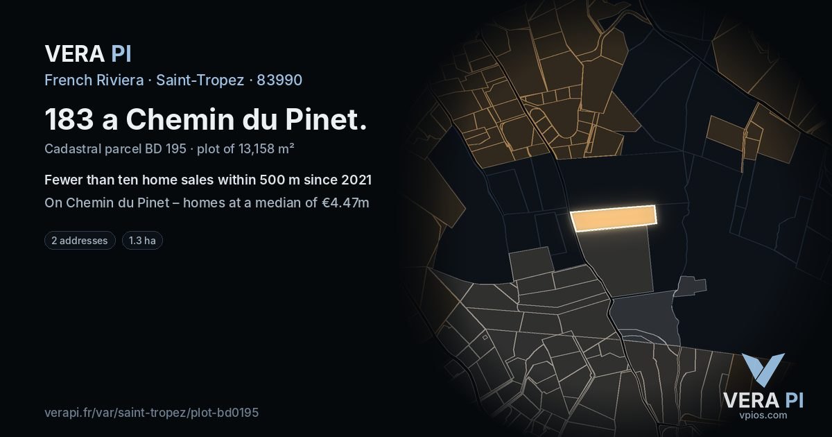 183 a Chemin du Pinet, Saint-Tropez at night – the plot lit, the parcels around coloured by the prices near them